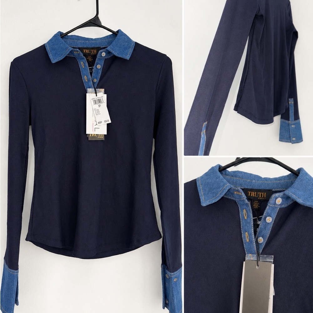Truth Navy Long-Sleeve Top with Denim Trim